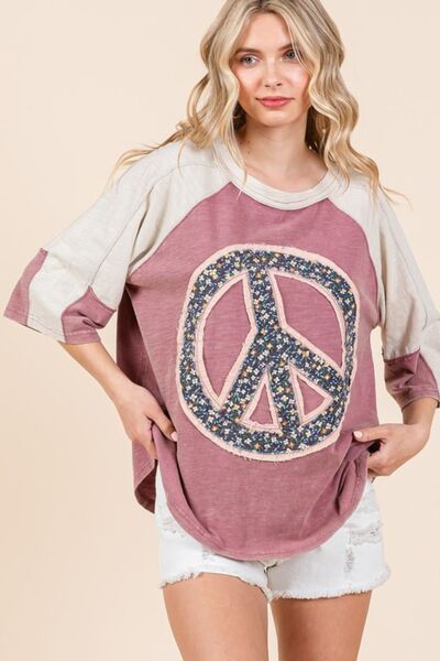 Peace Sign Patch Mineral Washed T-Shirt - Trendy by Luna