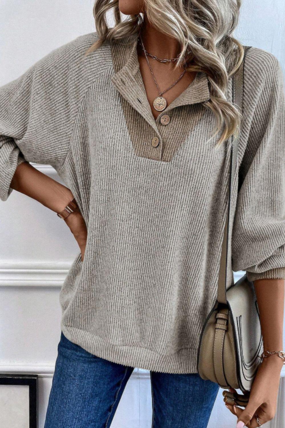 Contrast Quarter Button Round Neck Long Sleeve Top - Trendy by Luna