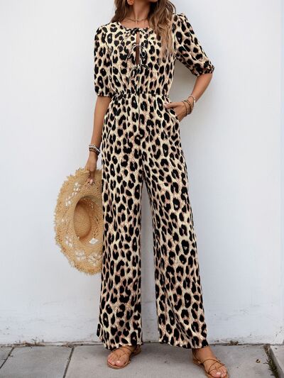 Perfee Tied Leopard Half Sleeve Jumpsuit - Trendy by Luna