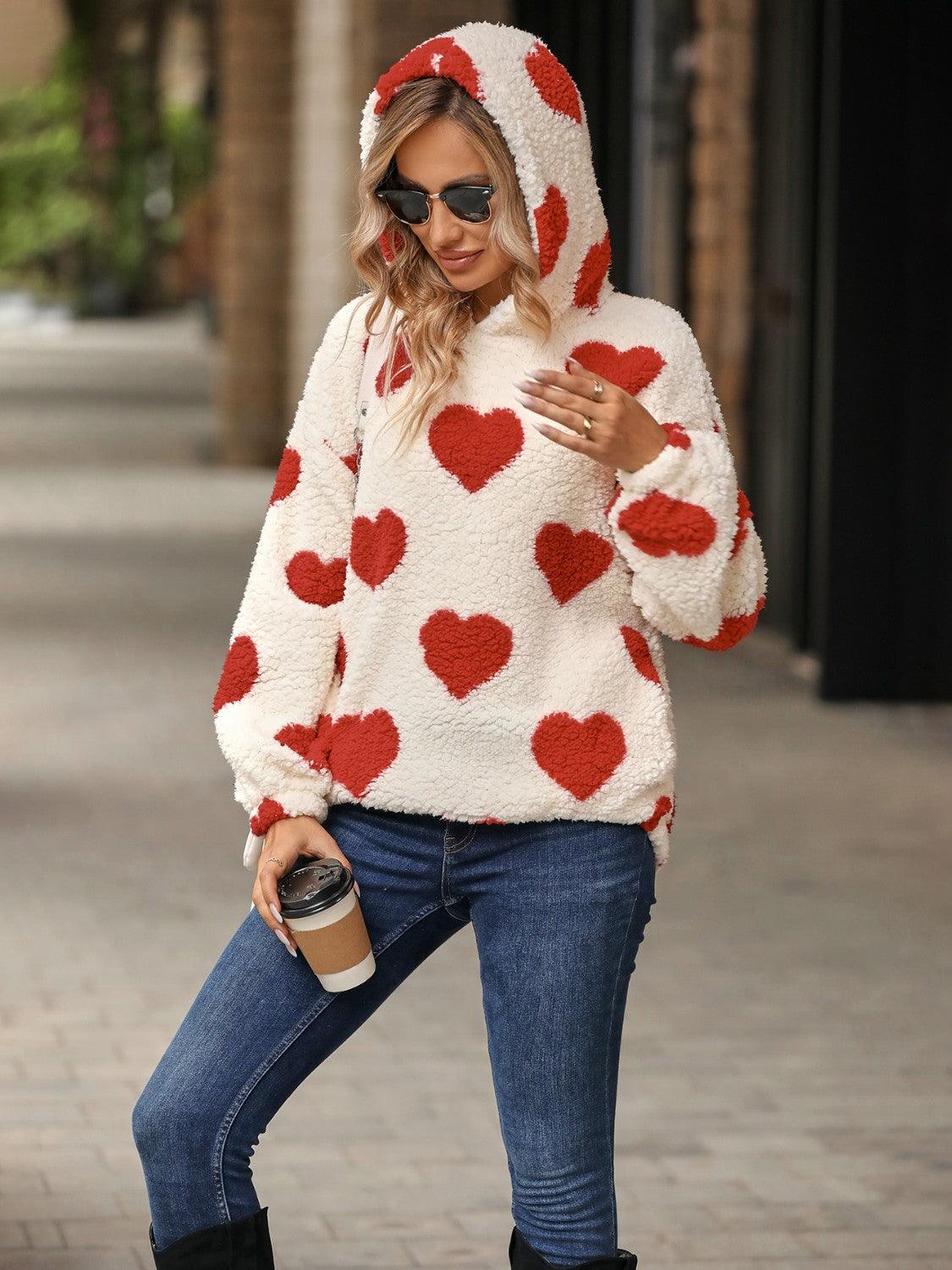 Fuzzy Heart Pocketed Dropped Shoulder Hoodie - Trendy by Luna