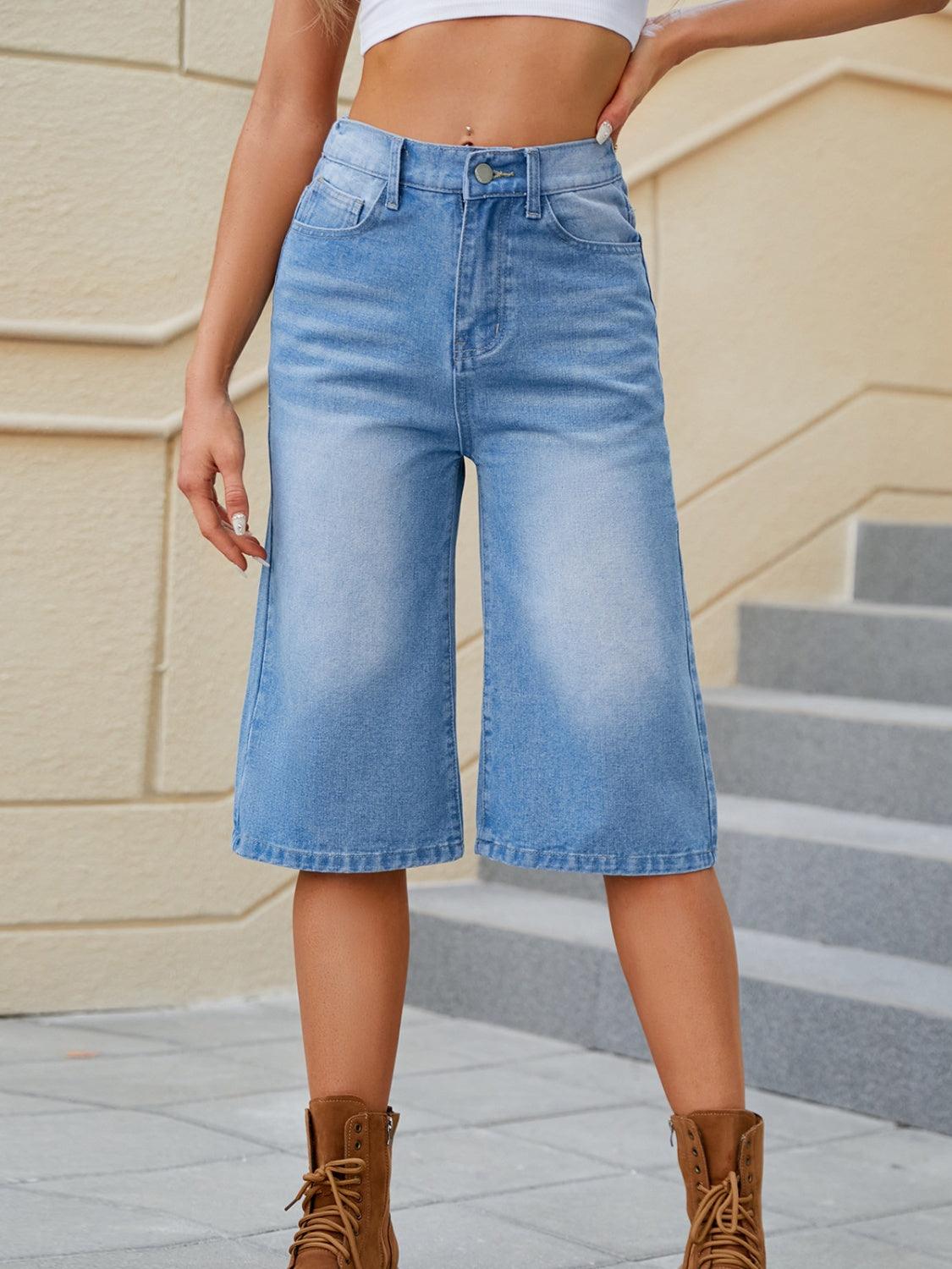 High Waist Denim Shorts with Pockets - Trendy by Luna