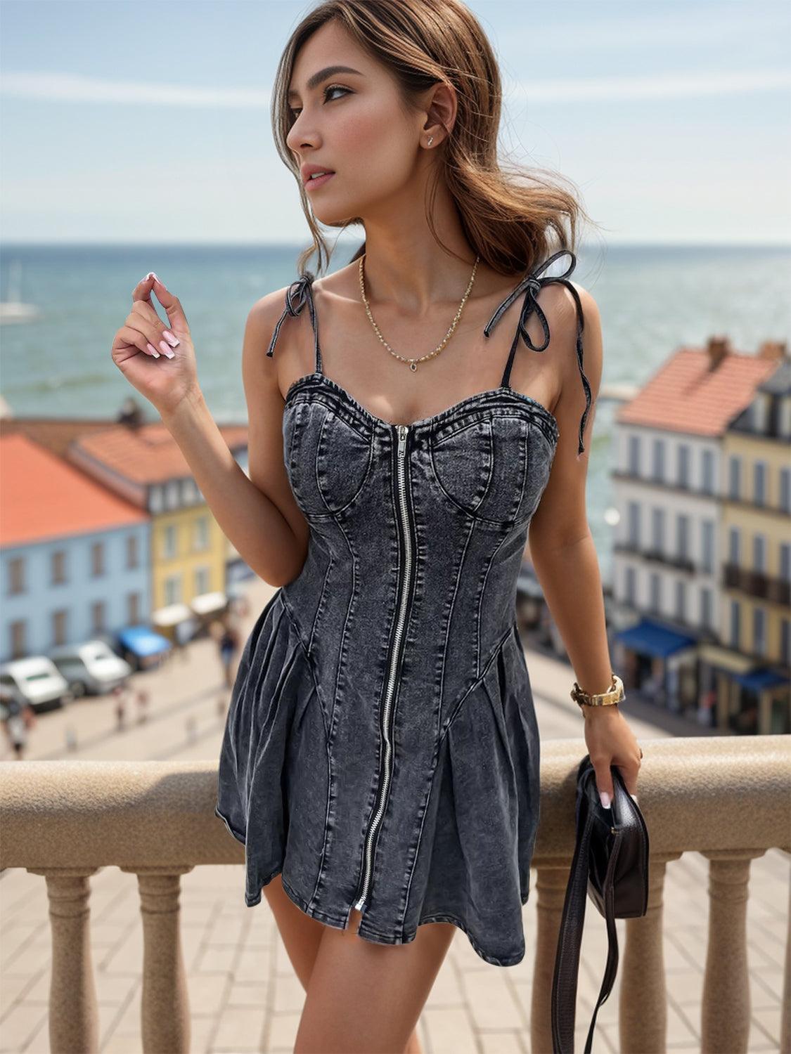 Sweetheart Neck Spaghetti Strap Denim Dress - Trendy by Luna