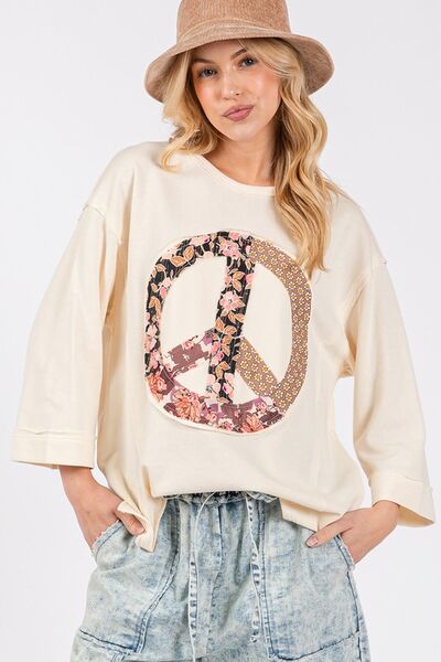 Floral Peace Patch Round Neck Top - Trendy by Luna