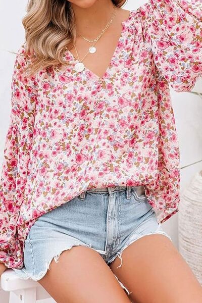 Printed Notched Long Sleeve Blouse - Trendy by Luna