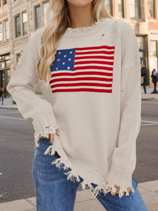 US Flag Distressed Round Neck Long Sleeve Sweater - Trendy by Luna