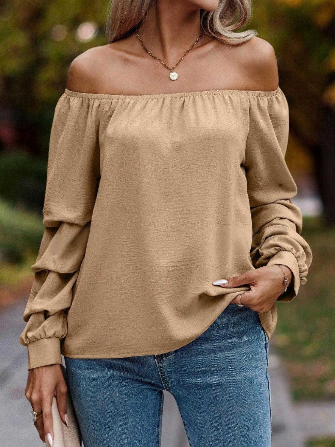 Ruched Off-Shoulder Long Sleeve Blouse - Trendy by Luna