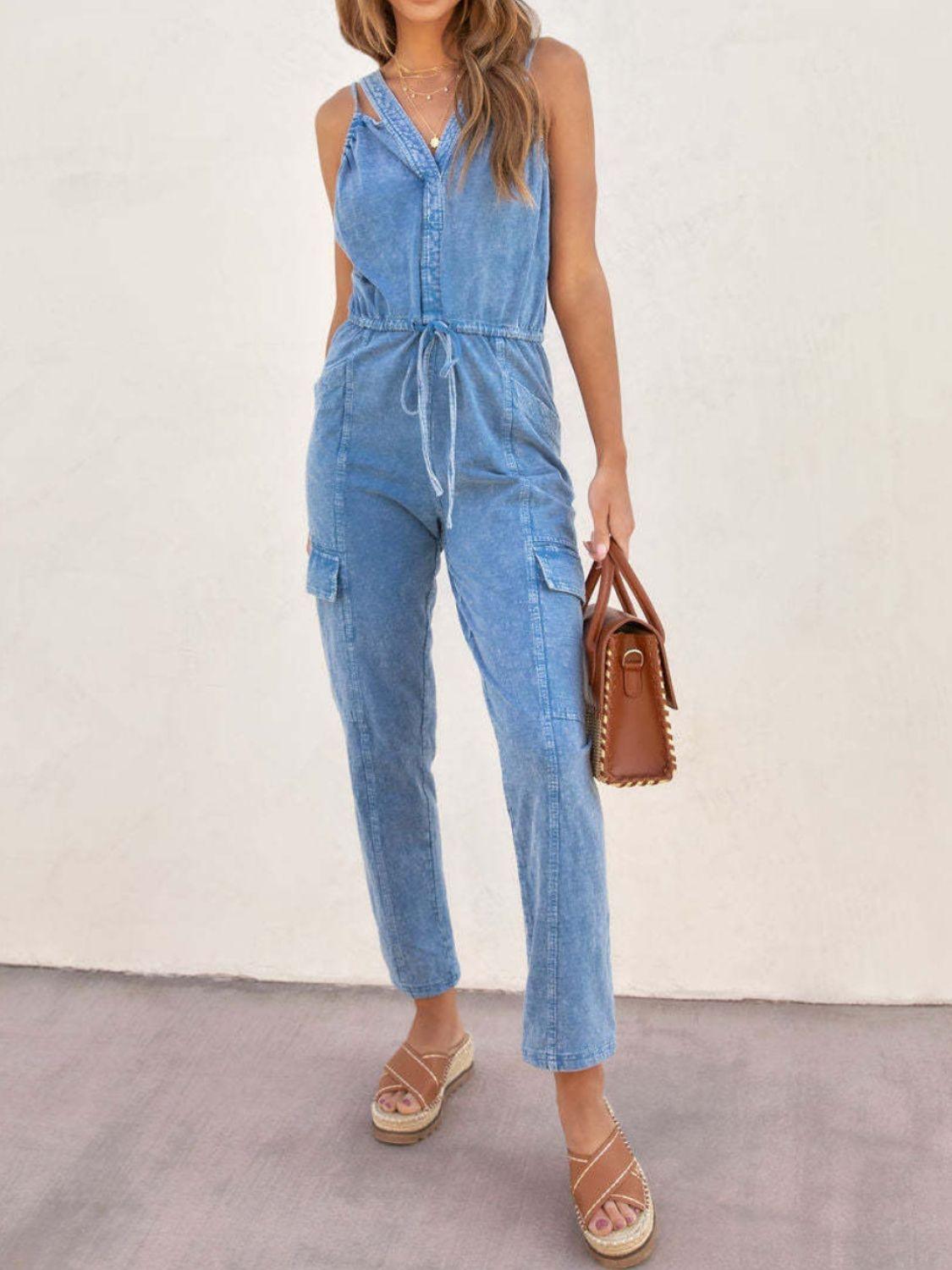 V-Neck Sleeveless Denim Jumpsuit - Trendy by Luna