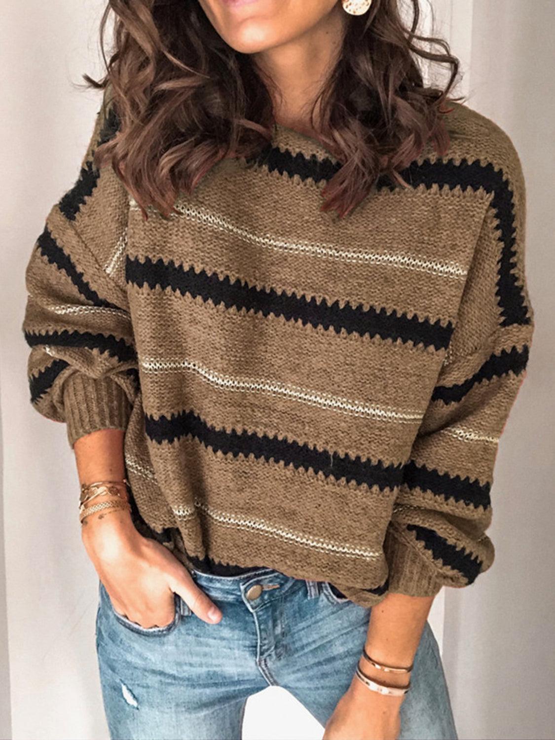 Contrast Striped Round Neck Long Sleeve Sweater - Trendy by Luna