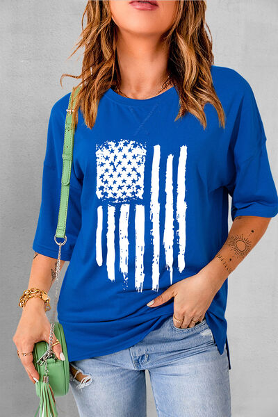 US Flag Round Neck Short Sleeve T-Shirt - Trendy by Luna