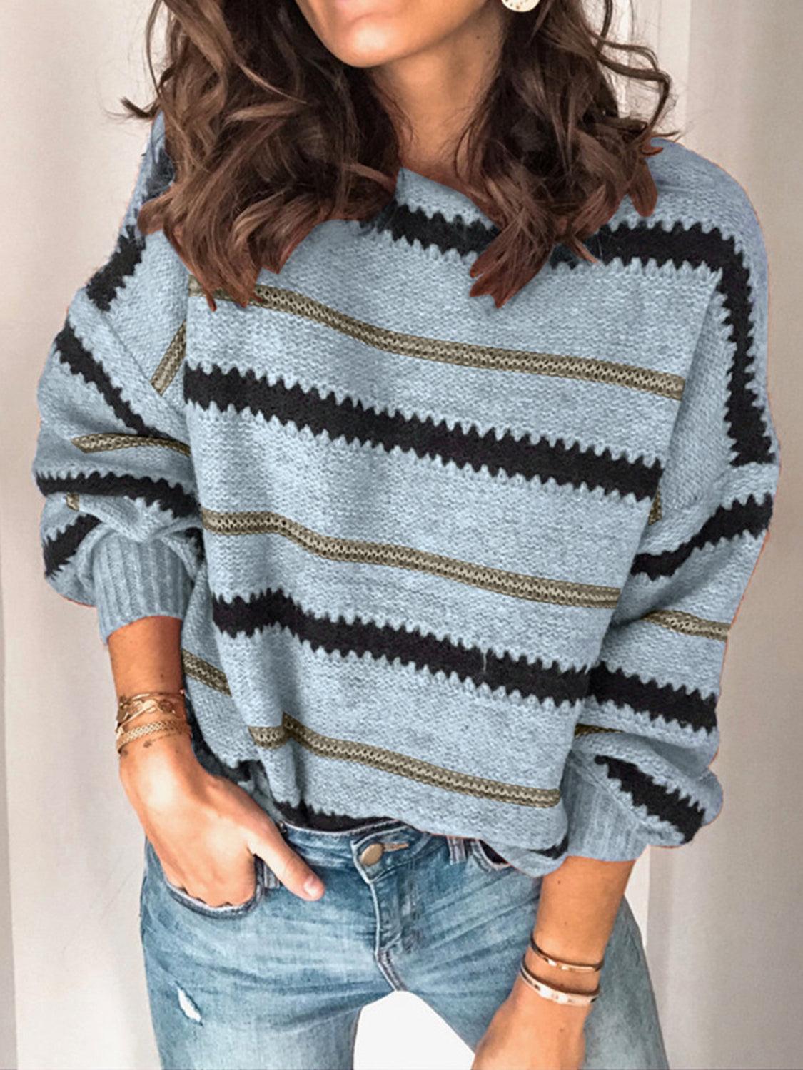 Contrast Striped Round Neck Long Sleeve Sweater - Trendy by Luna