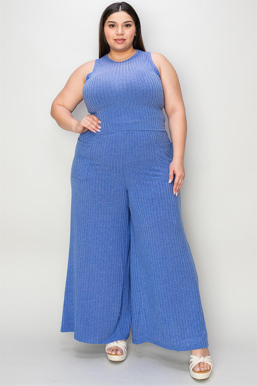 Full Size Ribbed Tank and Wide Leg Pants Set - Trendy by Luna