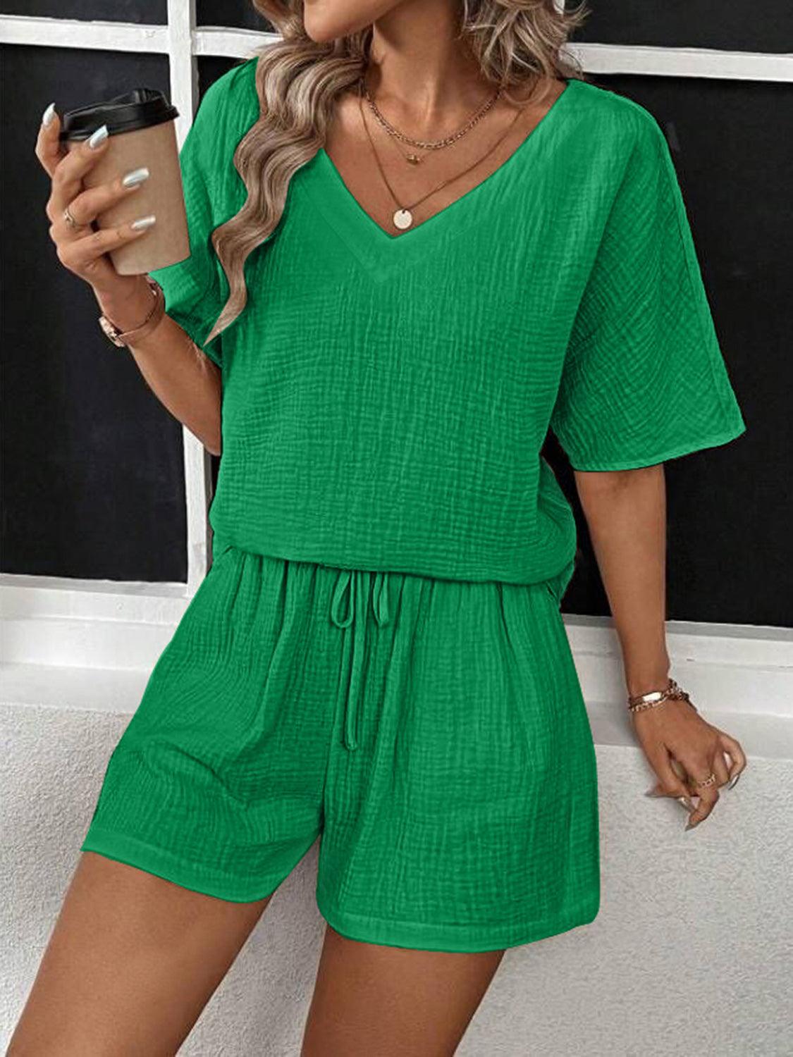 V-Neck Half Sleeve Top and Shorts Set - Trendy by Luna