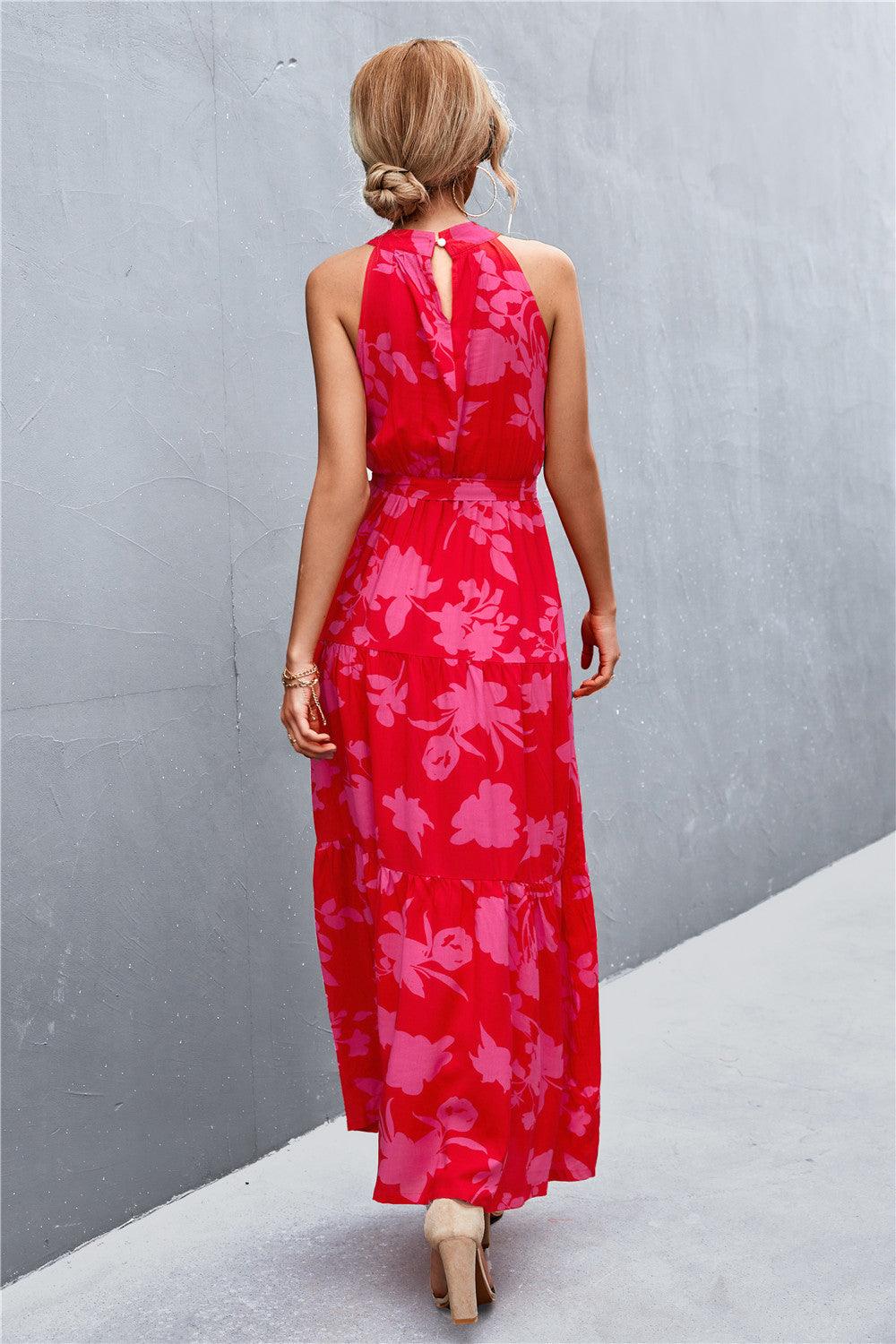 Printed Sleeveless Tie Waist Maxi Dress - Trendy by Luna