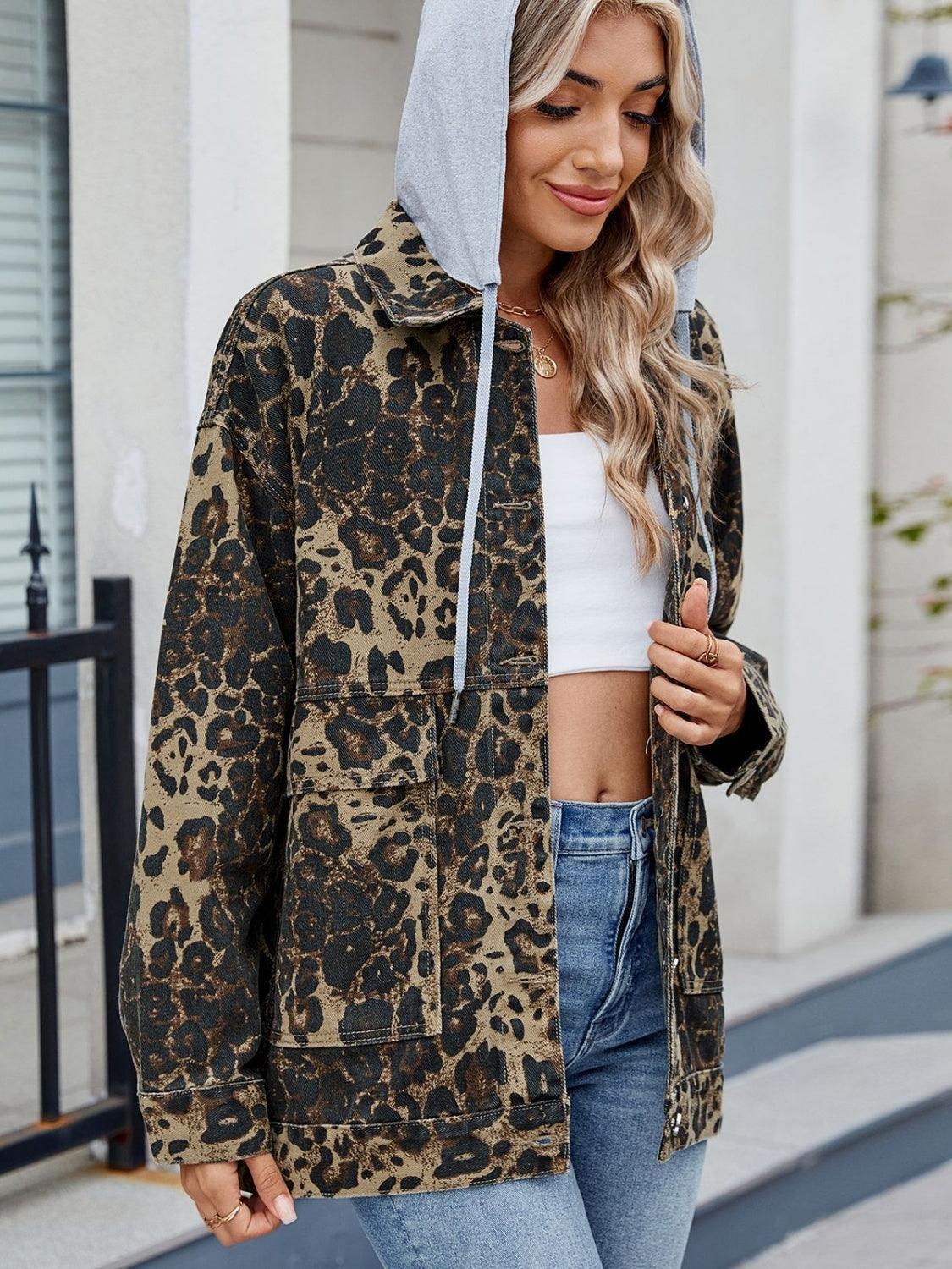 Leopard Button Up Drop Shoulder Denim Jacket - Trendy by Luna