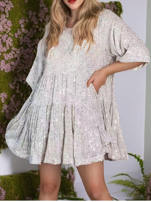 Sequin Round Neck Half Sleeve Mini Dress - Trendy by Luna