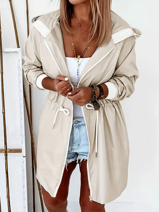 Drawstring Long Sleeve Hooded Trench Coat - Trendy by Luna