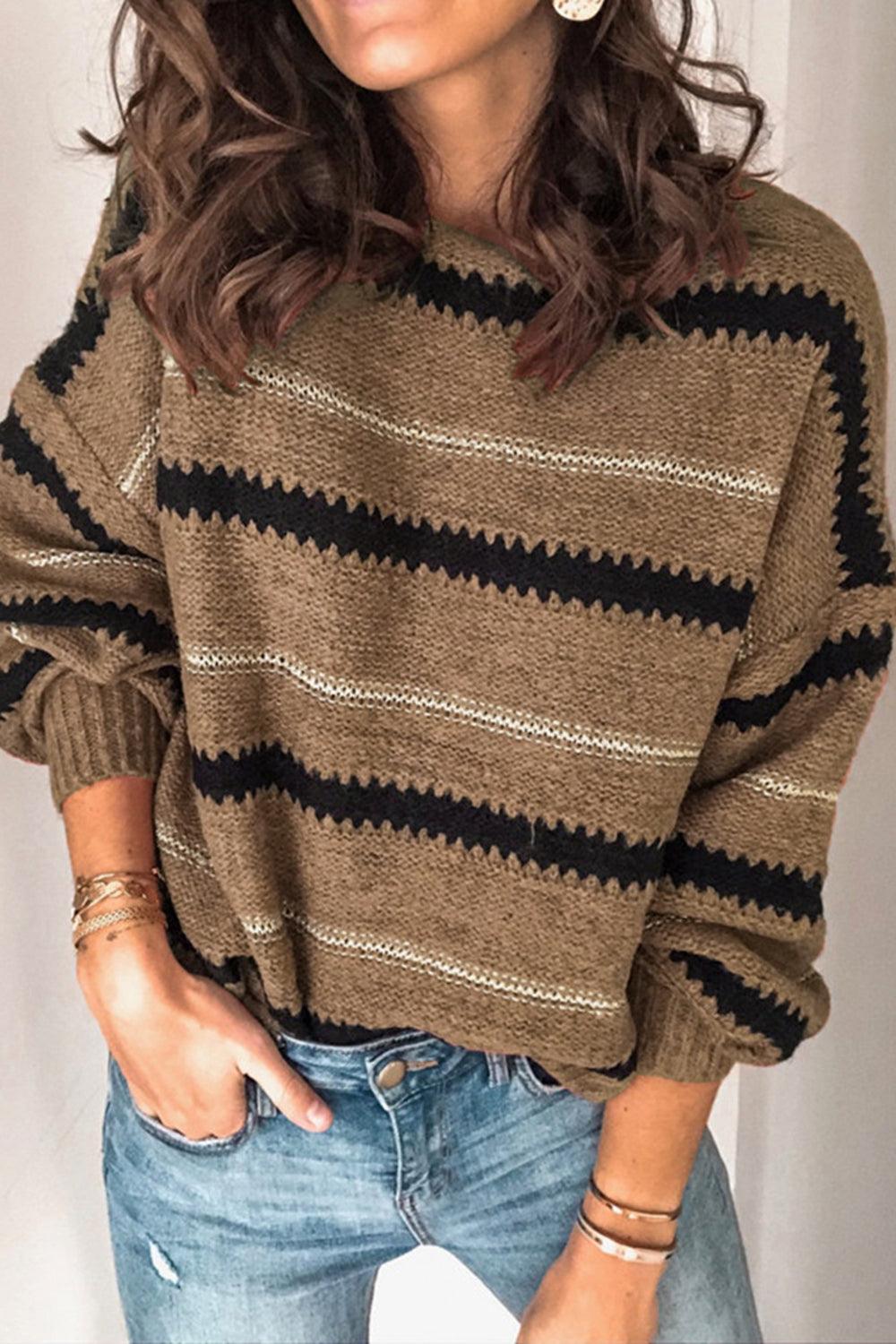 Contrast Striped Round Neck Long Sleeve Sweater - Trendy by Luna