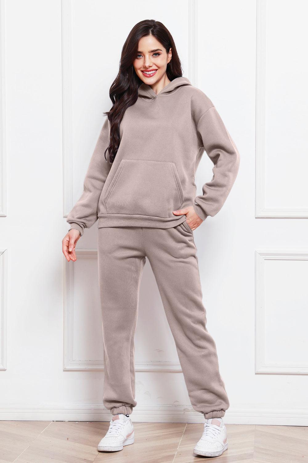 Drop Shoulder Long Sleeve Hoodie and Pants Set - Trendy by Luna