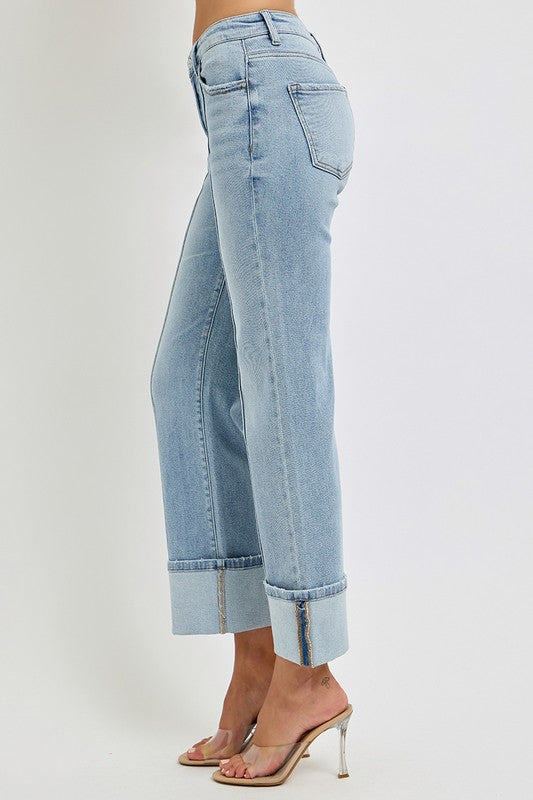 Plus Size Ankle Straight Leg Cuffed Jeans