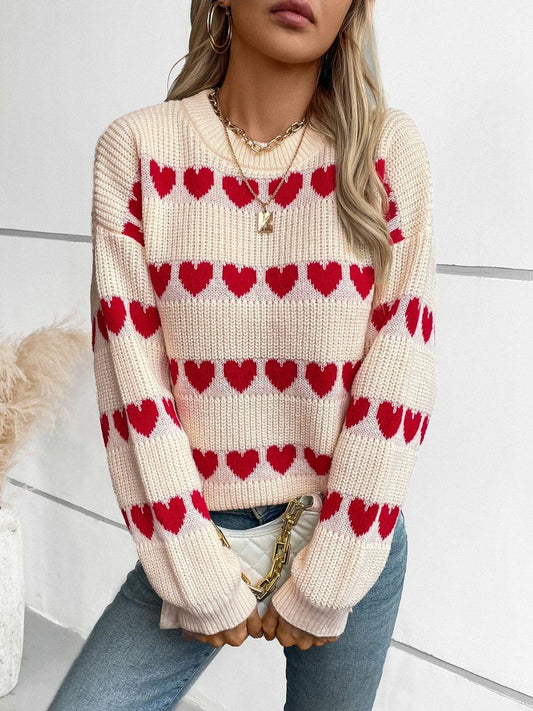 Heart Round Neck Dropped Shoulder Sweater - Trendy by Luna