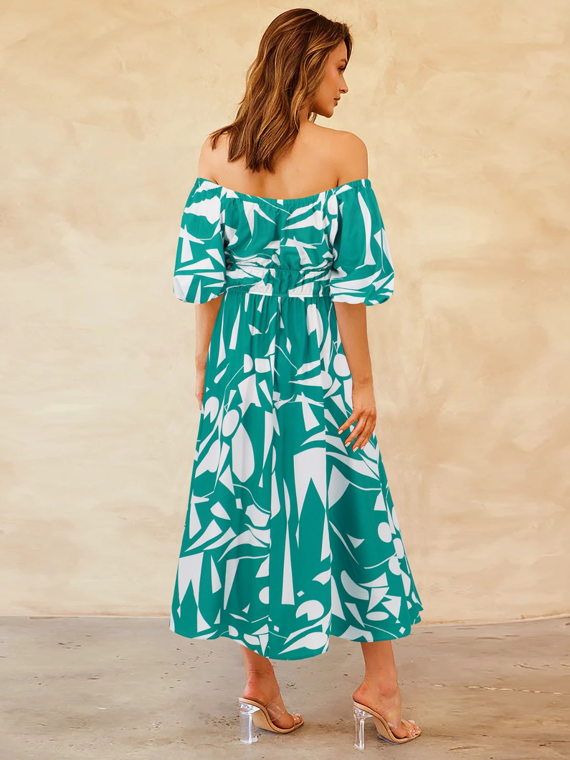 Printed Off-Shoulder Balloon Sleeve Dress - Trendy by Luna