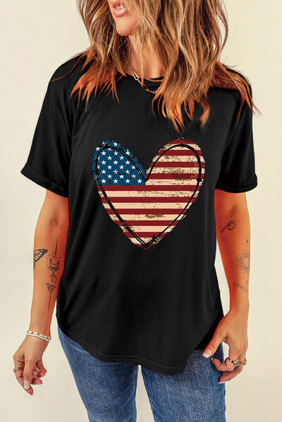 Stars and Stripes Heart Round Neck Short Sleeve T-Shirt - Trendy by Luna