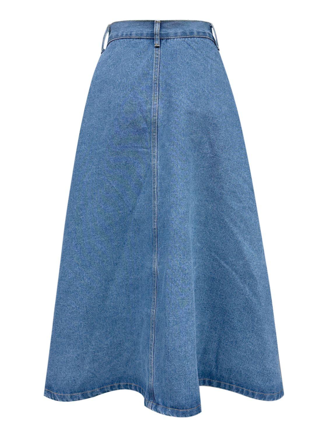 Buttoned Midi Denim Skirt with Pockets - Trendy by Luna