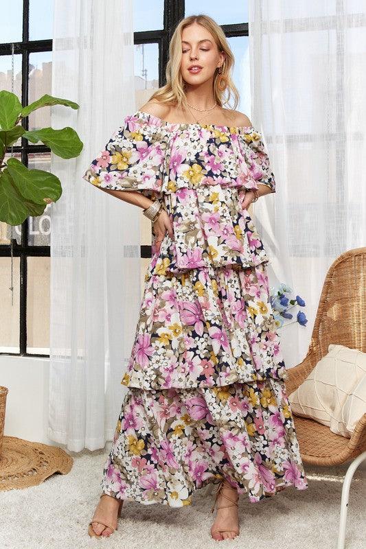 ADORA Layered Floral Off-Shoulder Short Sleeve Maxi Dress - Trendy by Luna