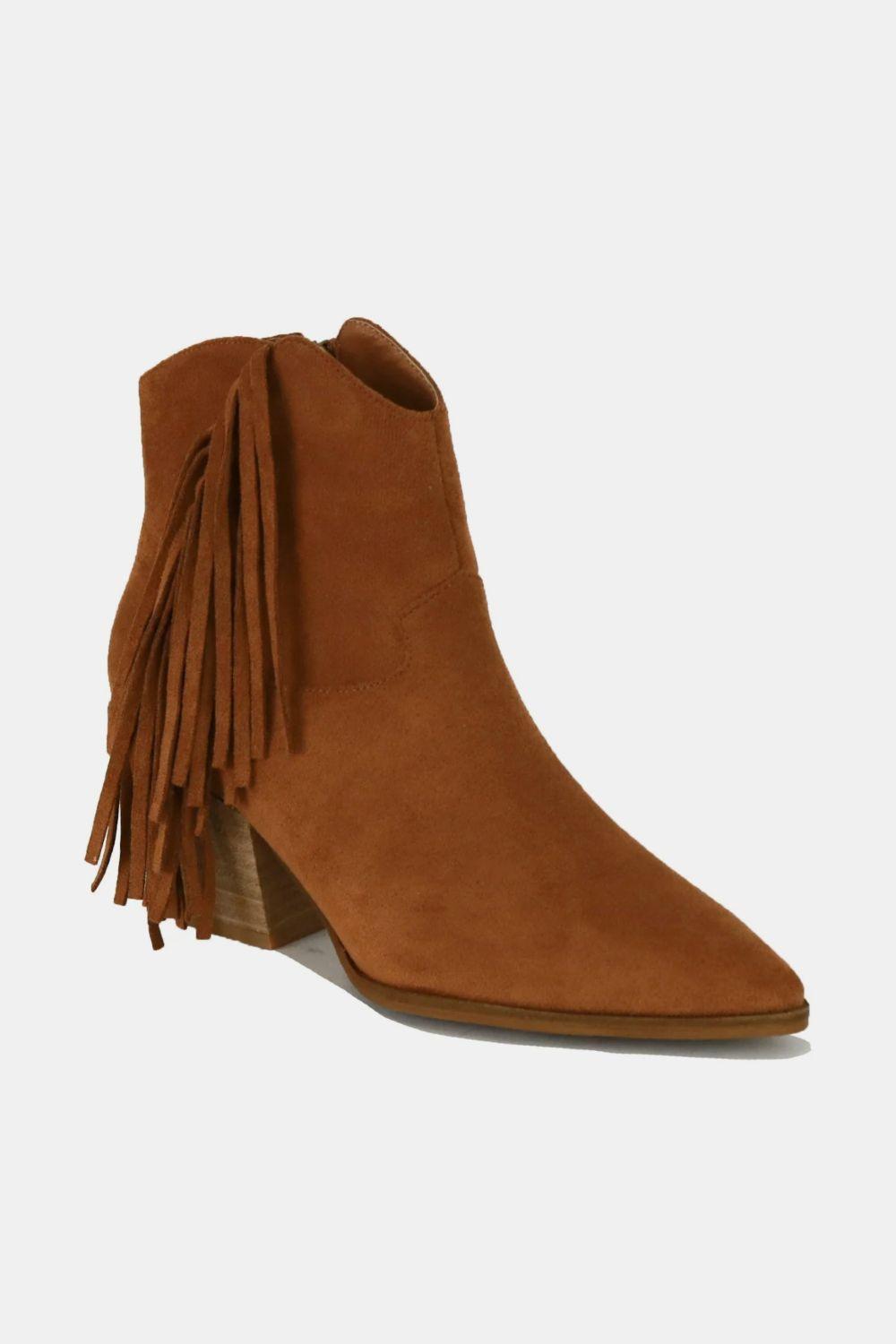 Beast Fashion Suede Fringe Point Toe Ankle Boots - Trendy by Luna