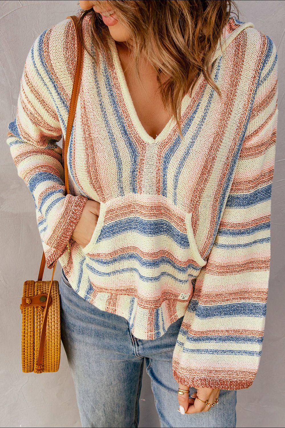 Contrast Striped Dropped Shoulder Hooded Knit Top - Trendy by Luna