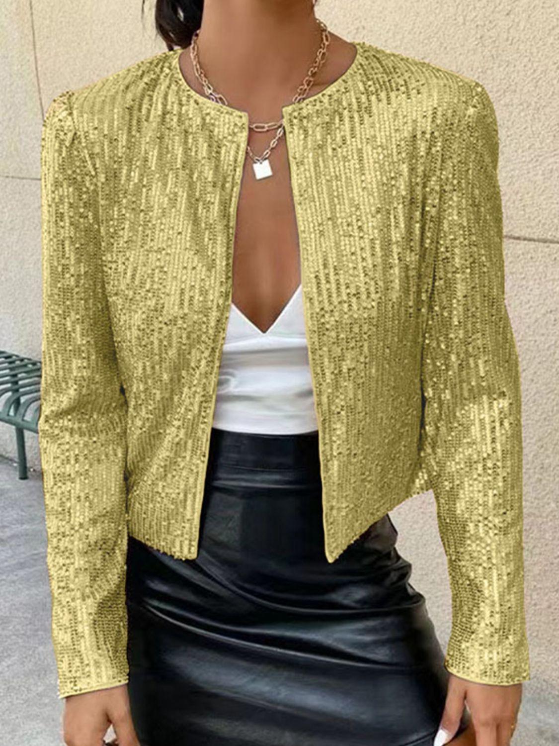 Full Size Sequin Open Front Cropped Jacket - Trendy by Luna