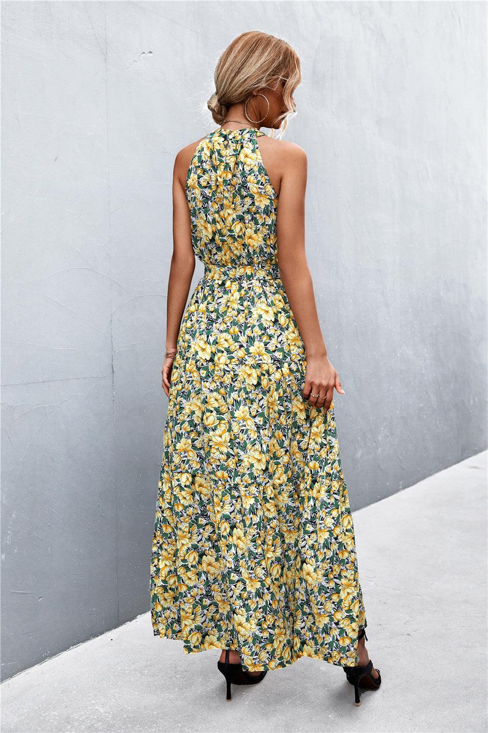 Printed Sleeveless Tie Waist Maxi Dress - Trendy by Luna