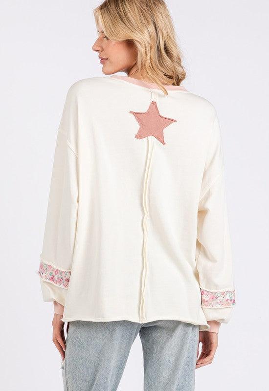 Peace & Star Patch Contrast Round Neck Sweatshirt - Trendy by Luna