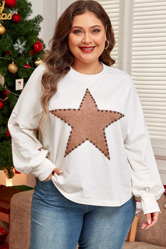 Plus Size Studded Star Round Neck Long Sleeve Blouse - Trendy by Luna