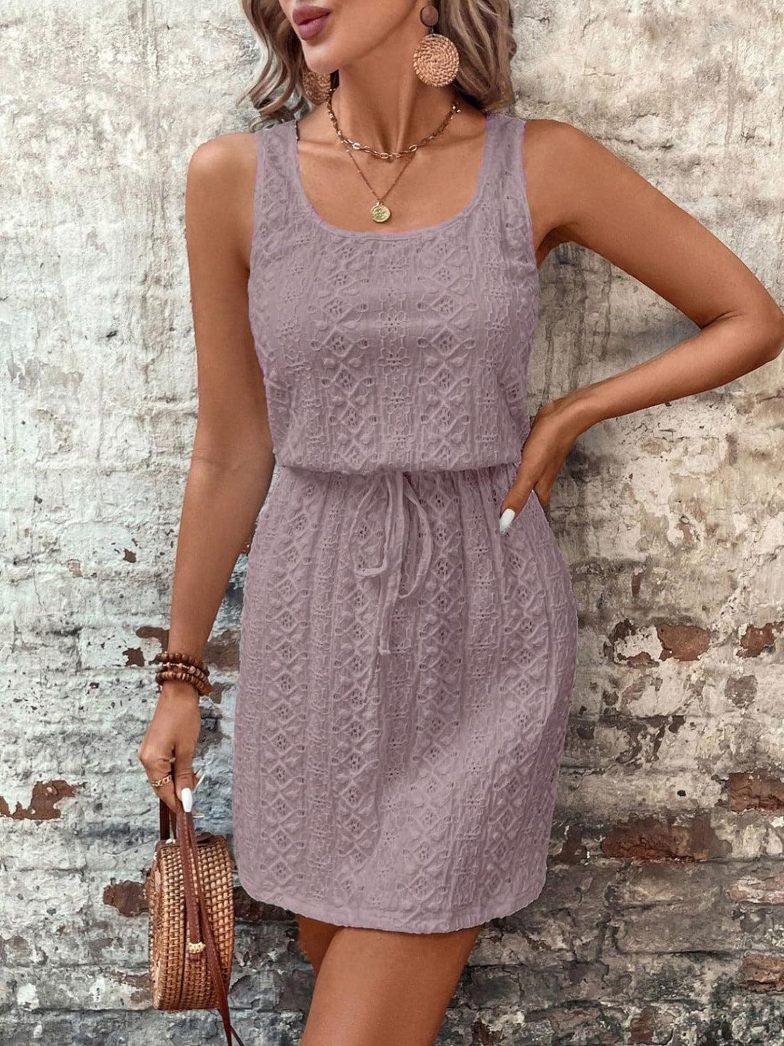 Eyelet Drawstring Round Neck Sleeveless Dress - Trendy by Luna