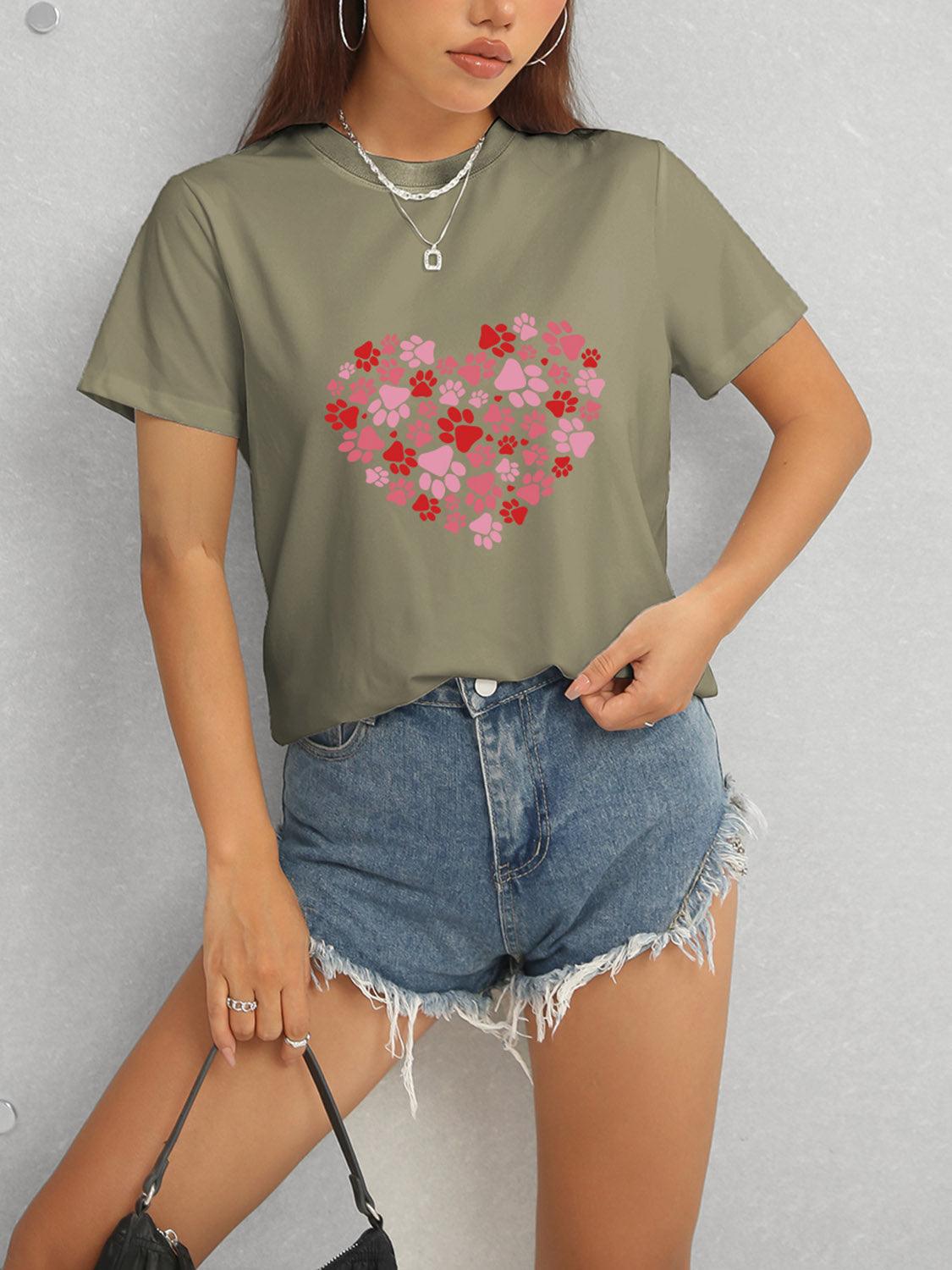 Heart Round Neck Short Sleeve T-Shirt - Trendy by Luna