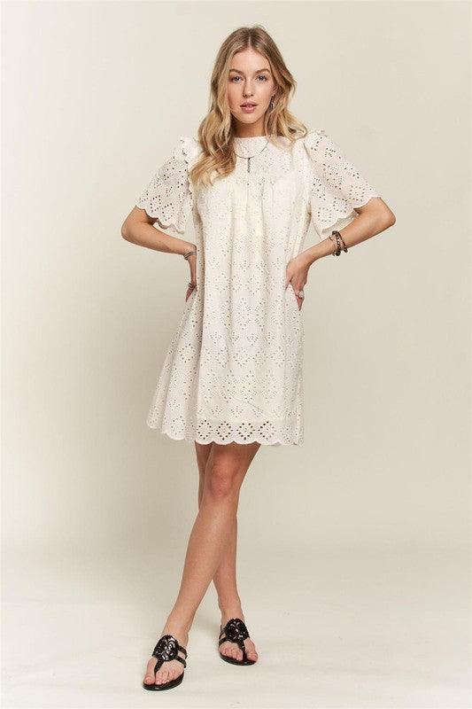 ADORA Ruffled Eyelet Round Neck Dress - Trendy by Luna