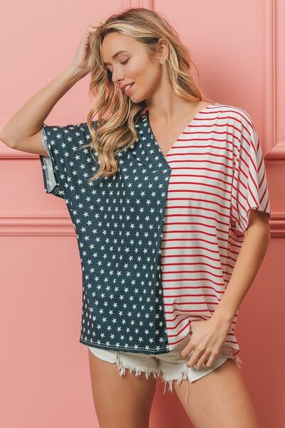 BiBi US Flag Themed Color Block Short Sleeve T-Shirt - Trendy by Luna