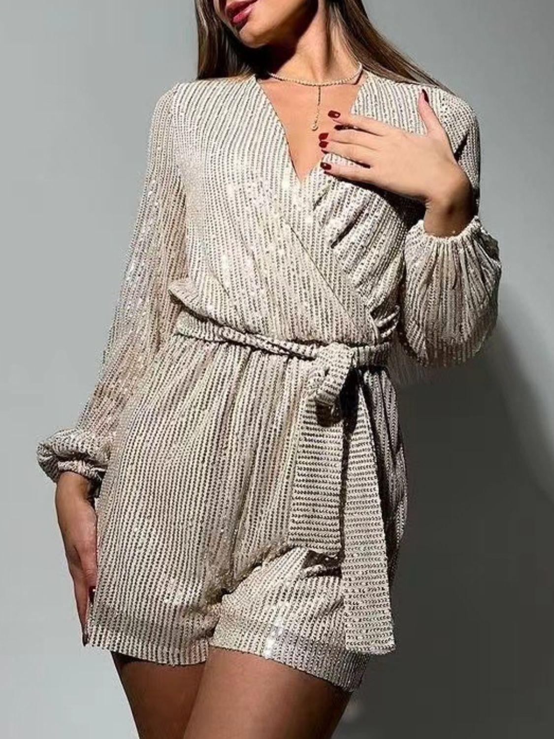 Full Size Sequin Surplice Tie Waist Long Sleeve Romper - Trendy by Luna