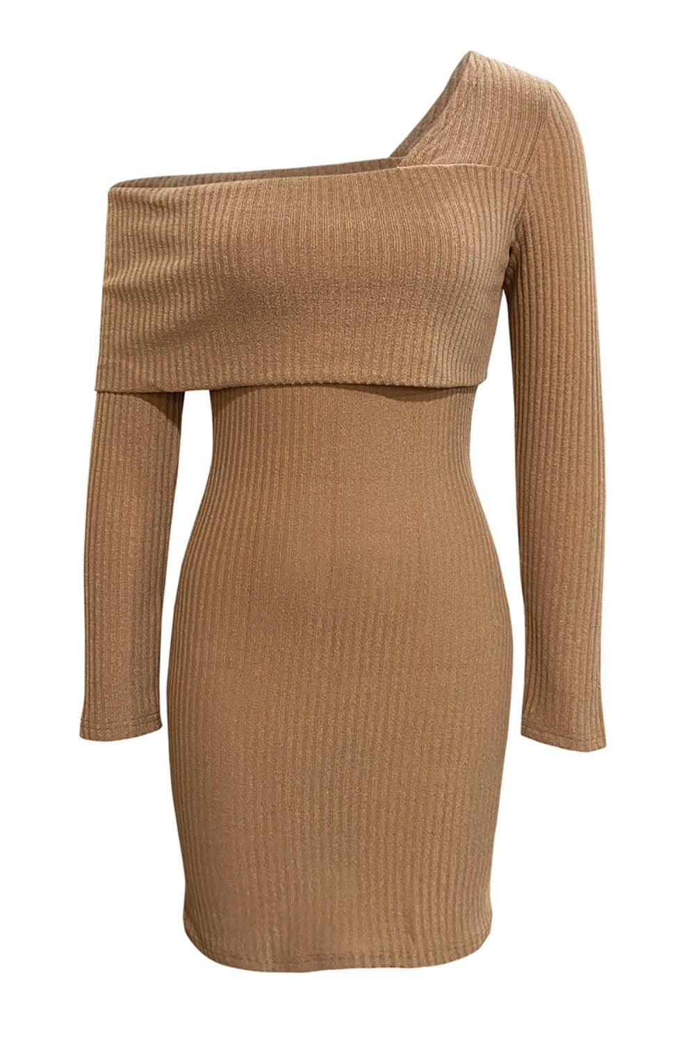 Asymmetrical Fold-Over Neck Ribbed Mini Dress - Trendy by Luna