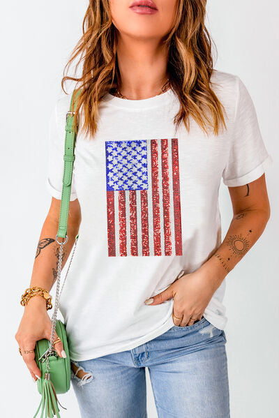 US Flag Round Neck Short Sleeve T-Shirt - Trendy by Luna