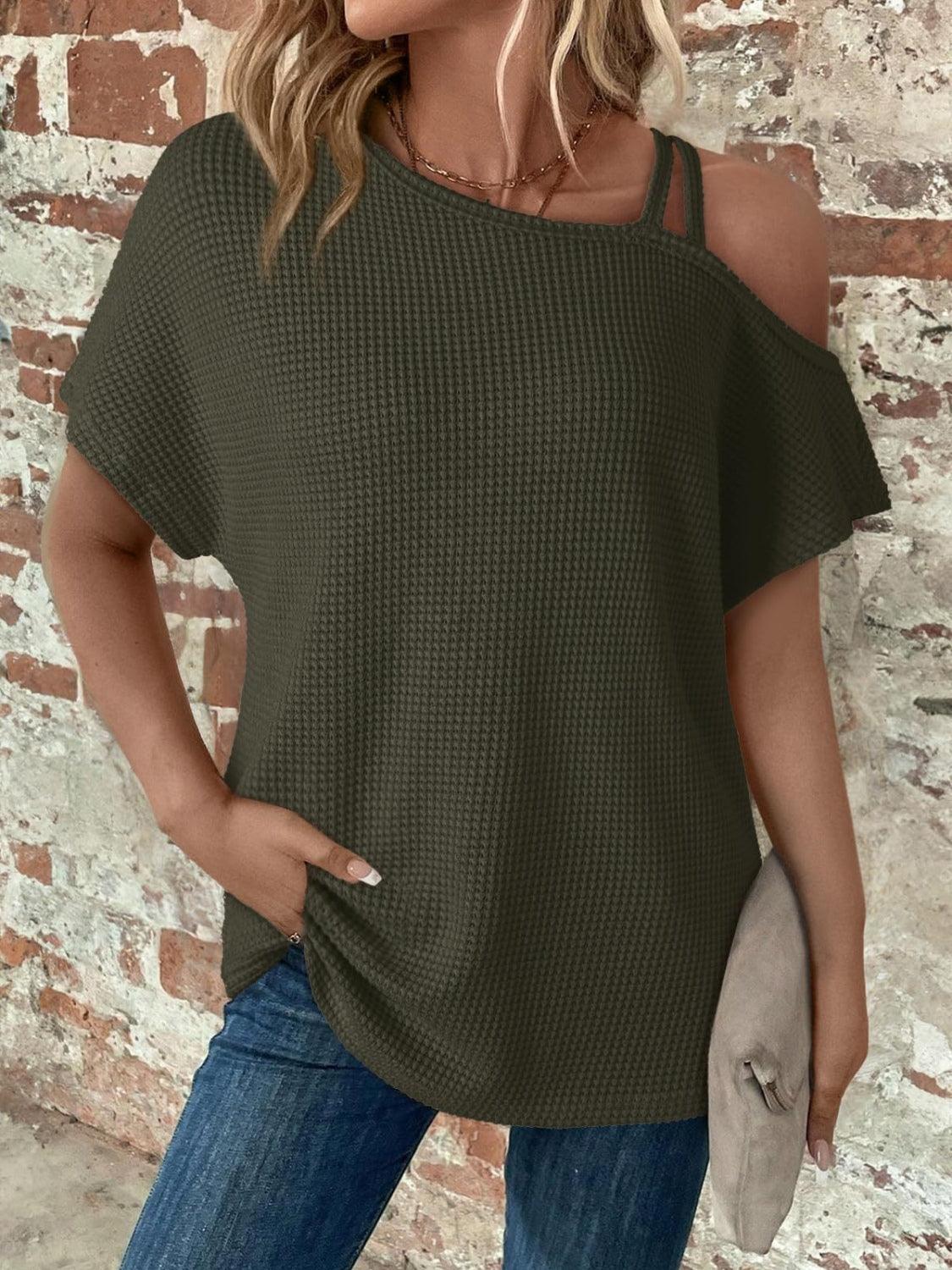 Asymmetrical Neck Short Sleeve T-Shirt - Trendy by Luna