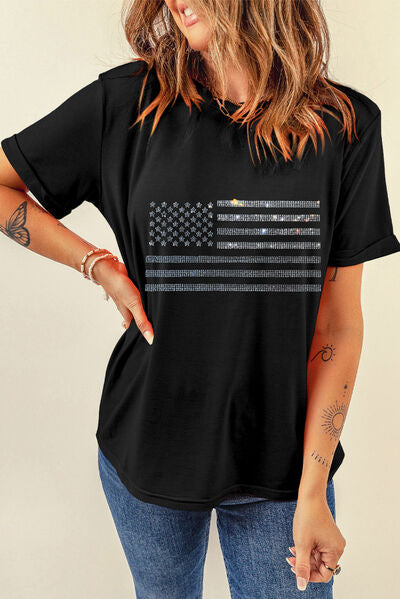 Rhinestone US Flag Round Neck Short Sleeve T-Shirt - Trendy by Luna