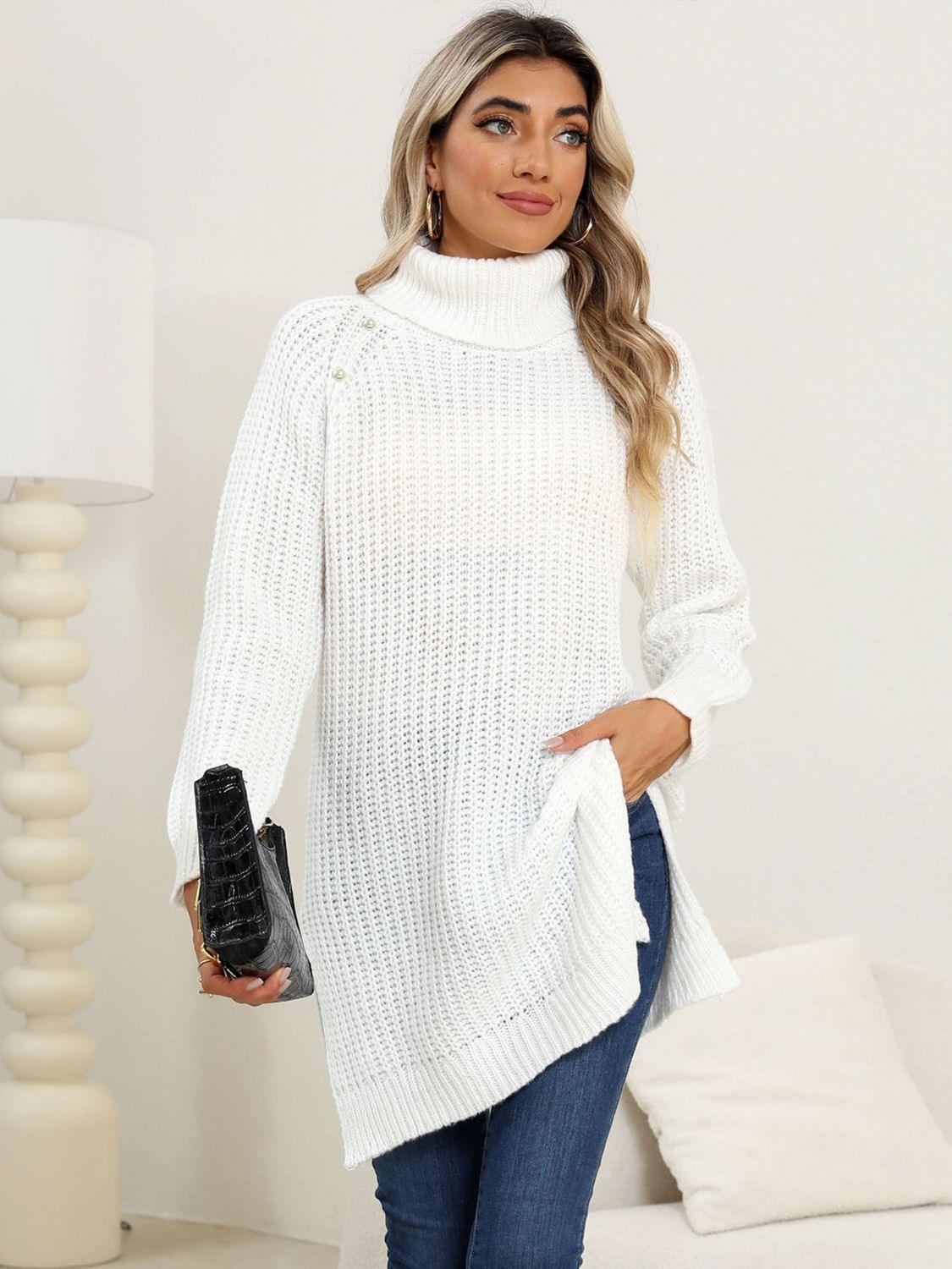 Slit Turtleneck Long Sleeve Sweater - Trendy by Luna