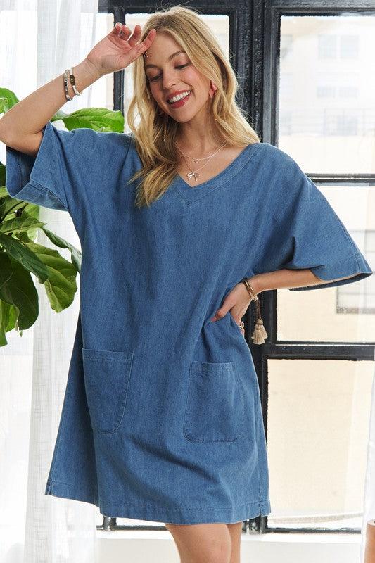 V-Neck Half Sleeve Mini Denim Dress - Trendy by Luna