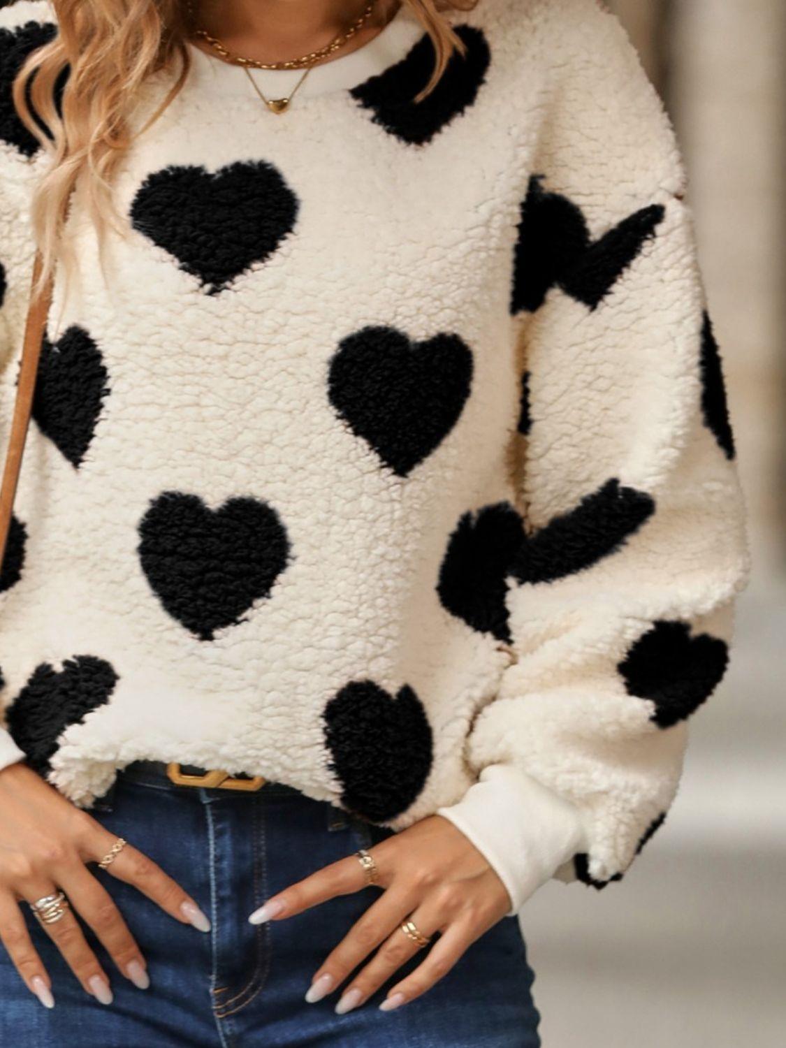 Fuzzy Heart Dropped Shoulder Sweatshirt - Trendy by Luna