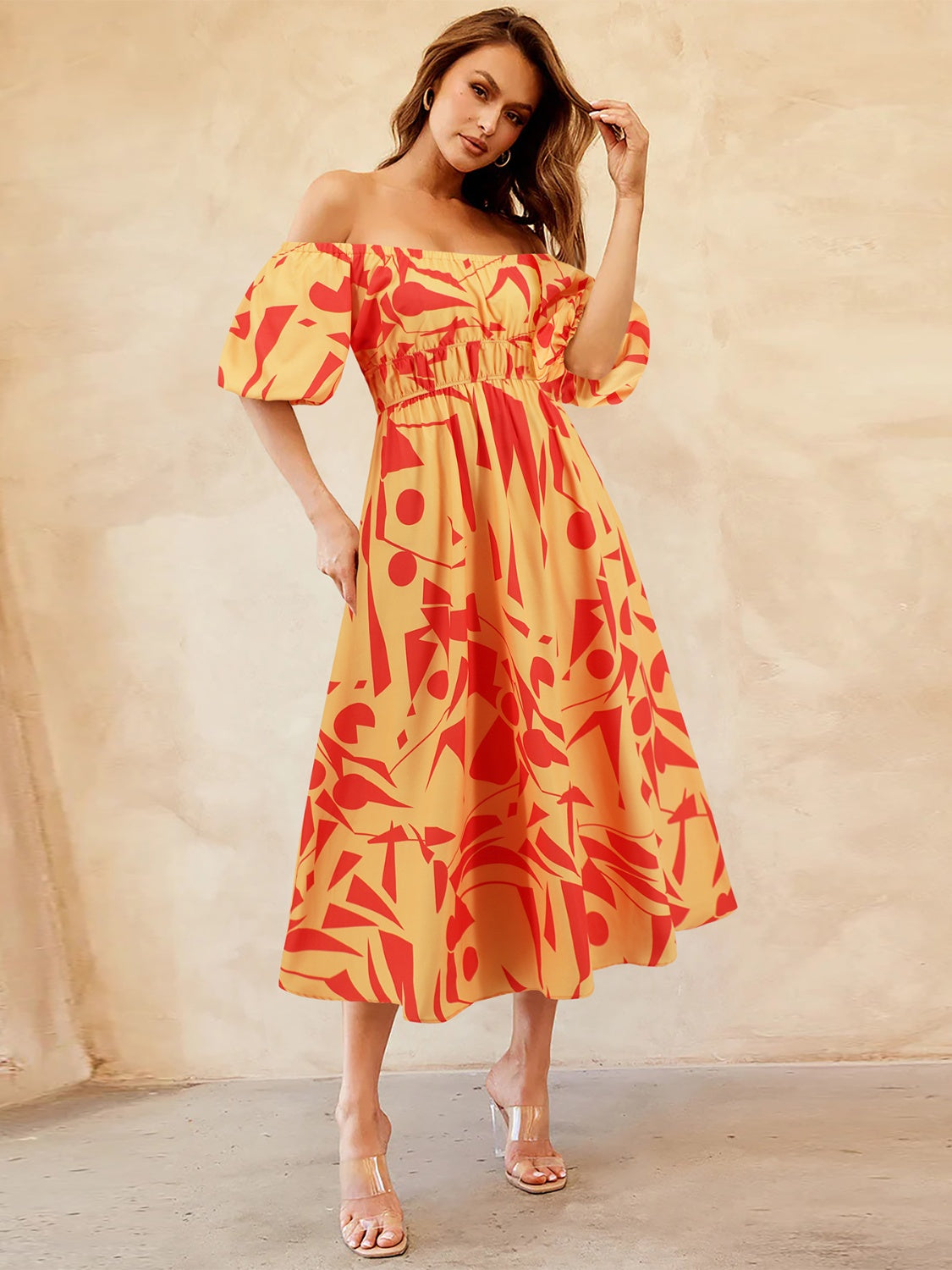 Printed Off-Shoulder Balloon Sleeve Dress - Trendy by Luna