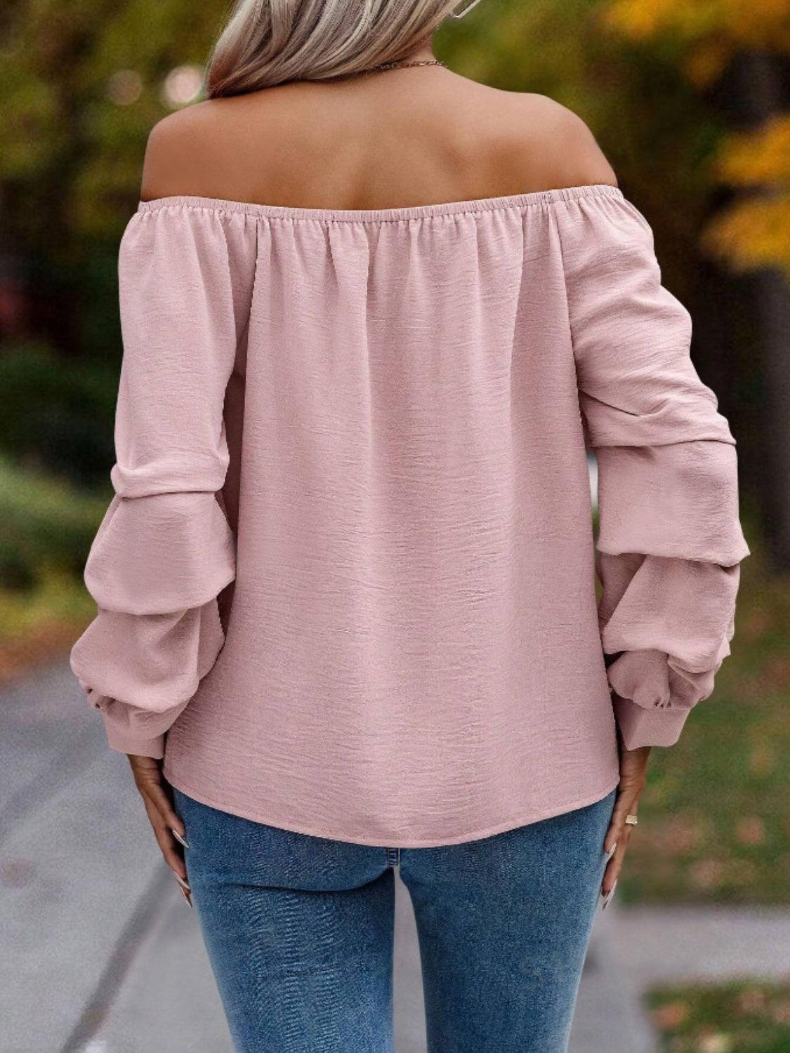 Ruched Off-Shoulder Long Sleeve Blouse - Trendy by Luna