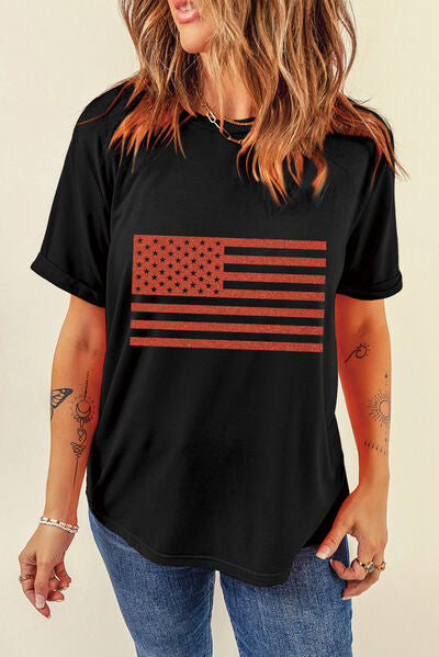 US Flag Round Neck Short Sleeve T-Shirt - Trendy by Luna