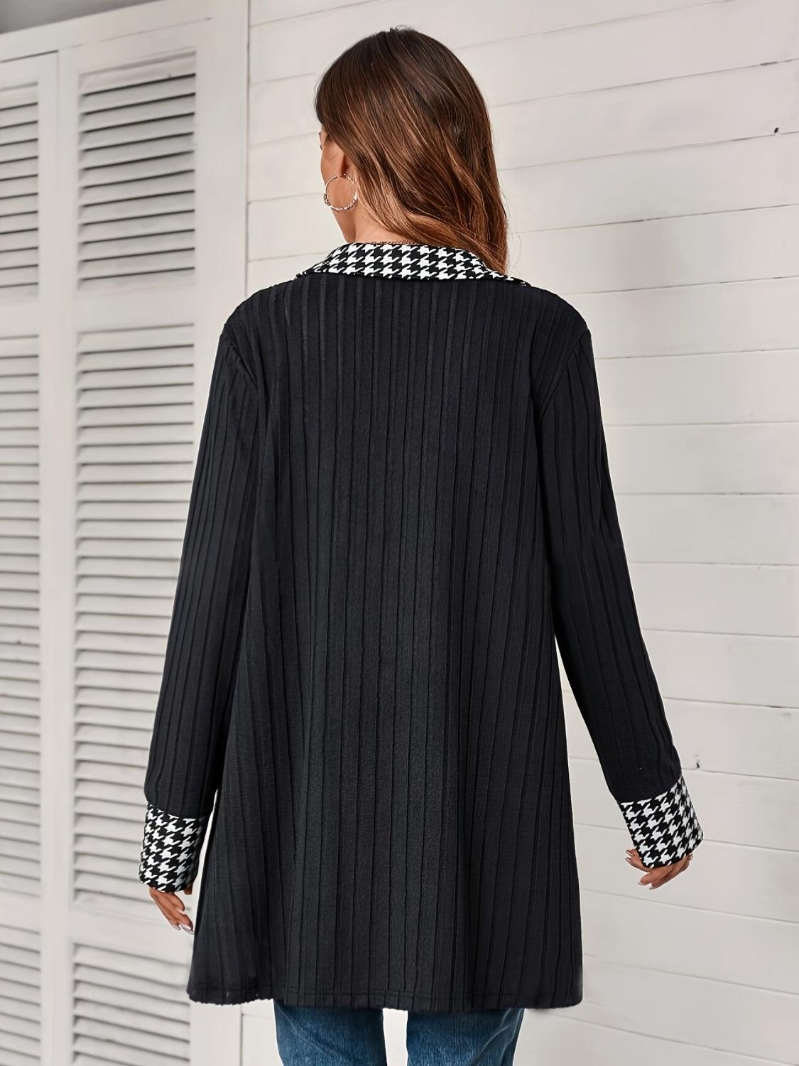 Houndstooth Button Up Long Sleeve Cardigan - Trendy by Luna